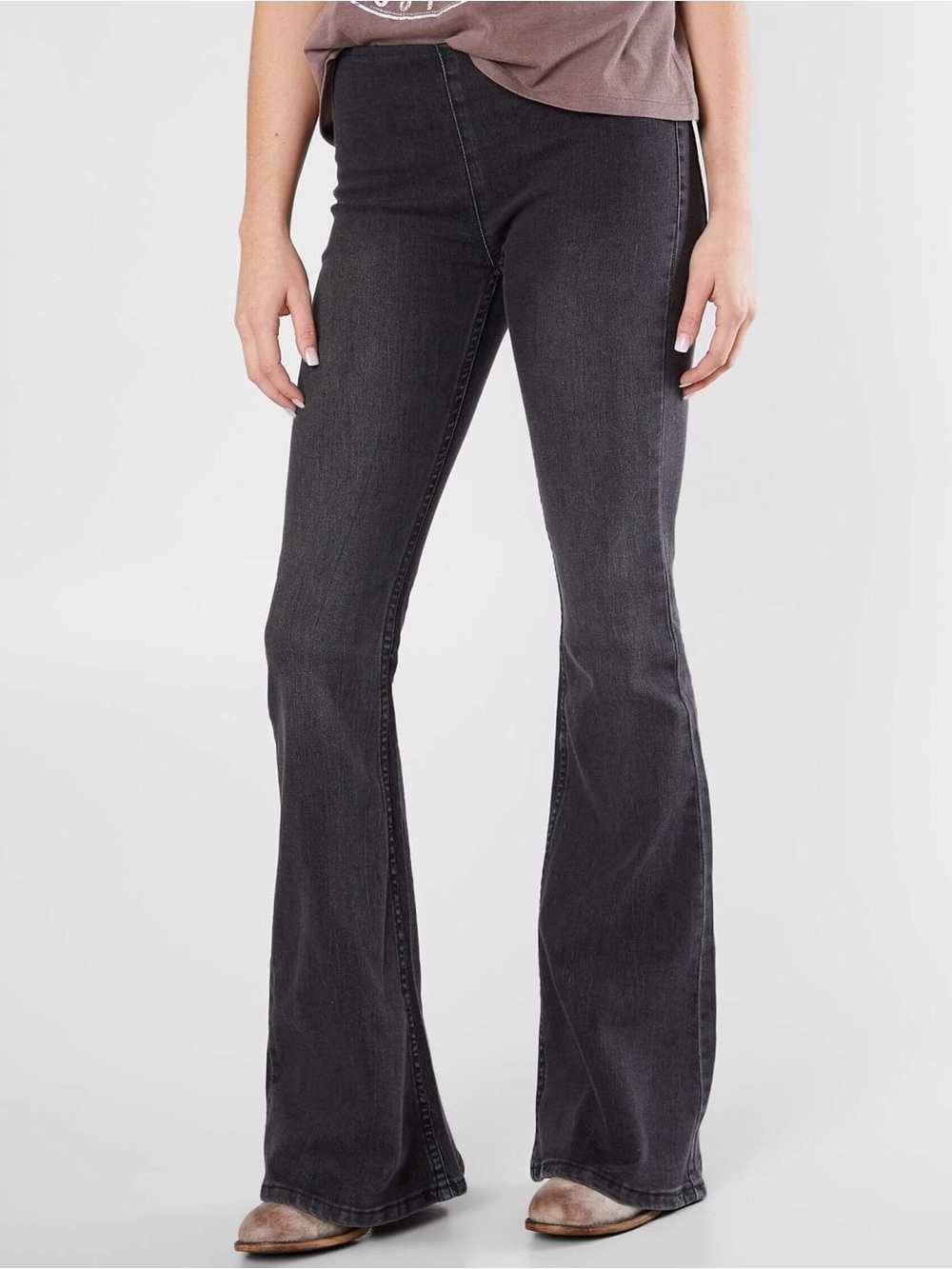 Newbury Kustom Mid-Rise Flare Bell Bottom Pull On Stretchy Jean Black MEDIUM